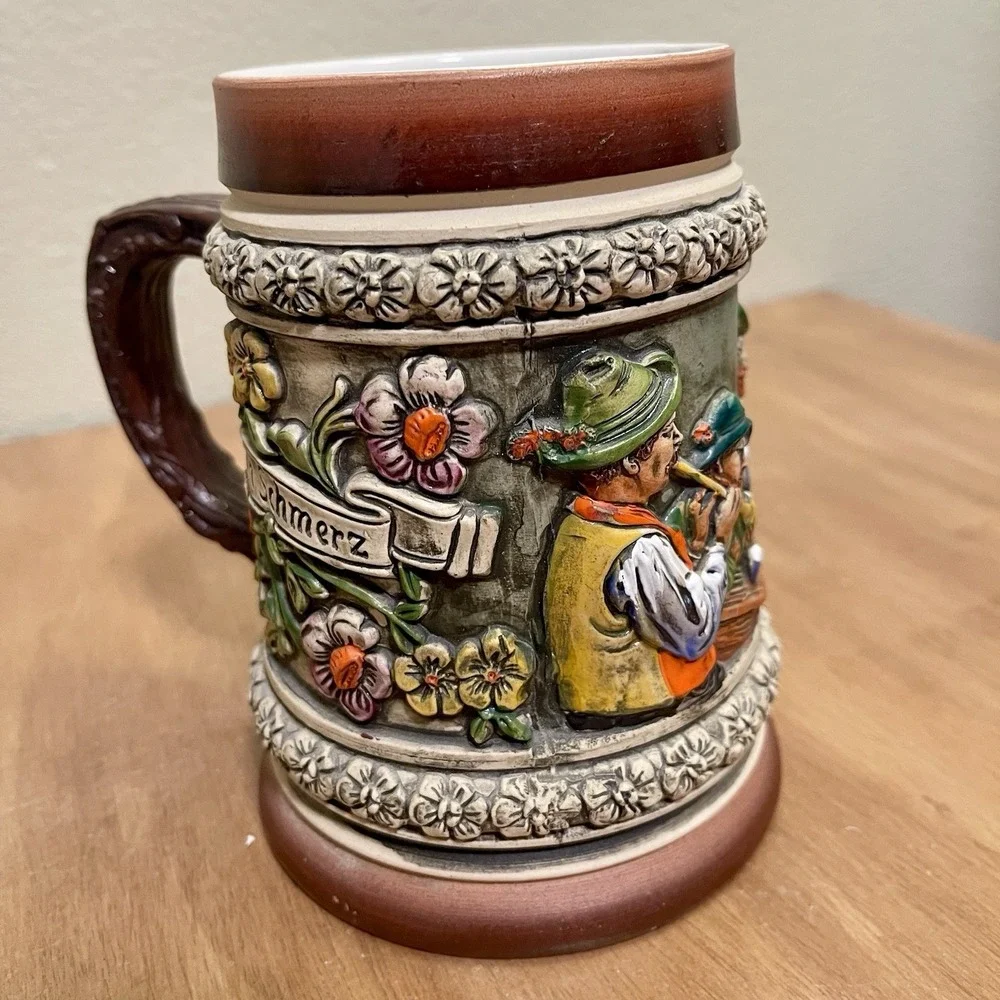 Vintage‎ Thewalt ? German Beer Stein 3D Floral Musician Scene Colorful